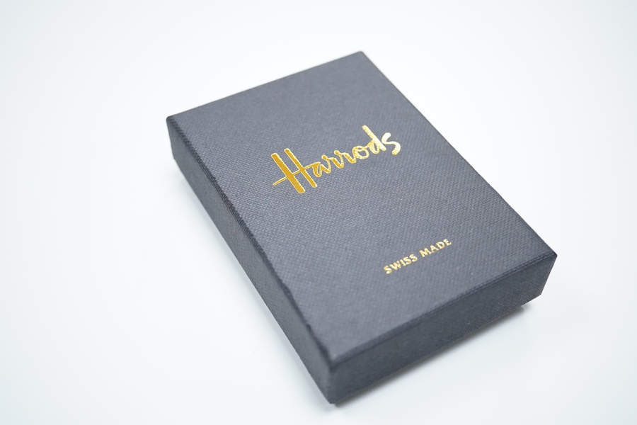 Swiss Gold bullion ingot, PAMP, 2.5g fine gold 999,9, serial no. 4**672, in Harrods retail box